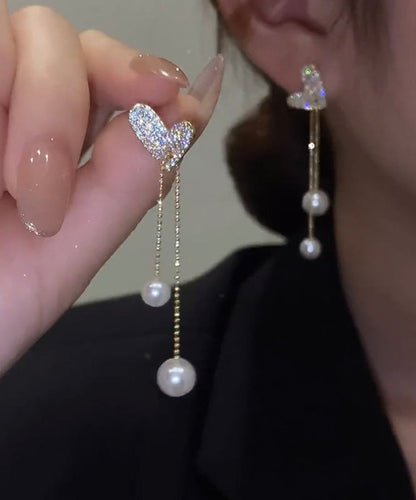 Pendientes colgantes con borlas de perlas y corazón de amor de plata de ley dorada de boutique