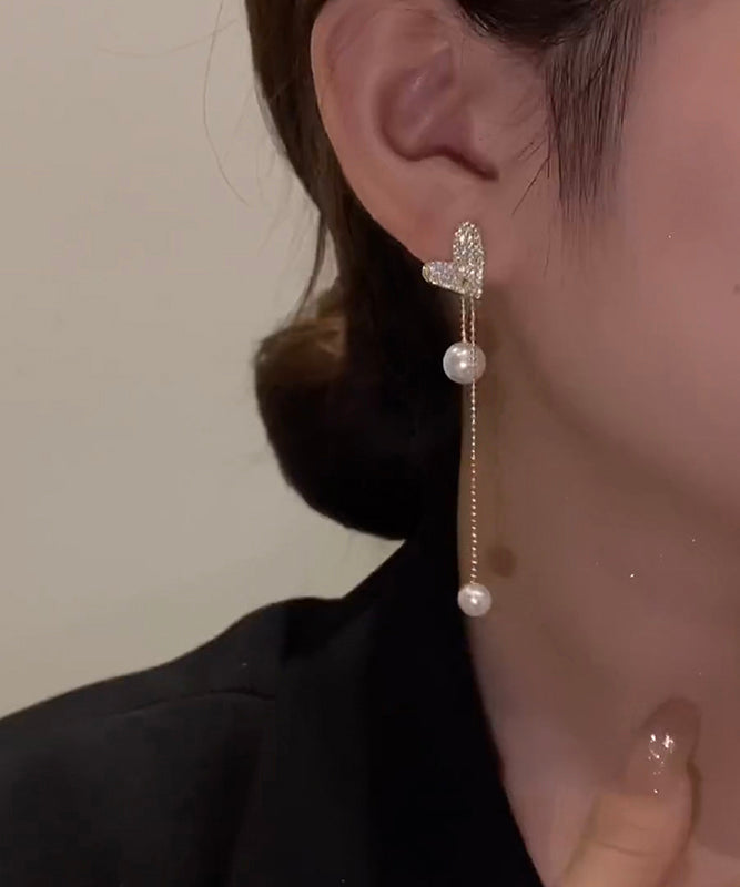 Pendientes colgantes con borlas de perlas y corazón de amor de plata de ley dorada de boutique