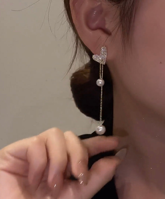 Pendientes colgantes con borlas de perlas y corazón de amor de plata de ley dorada de boutique