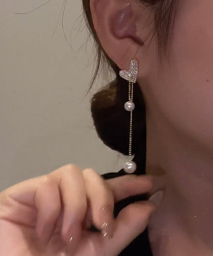 Pendientes colgantes con borlas de perlas y corazón de amor de plata de ley dorada de boutique