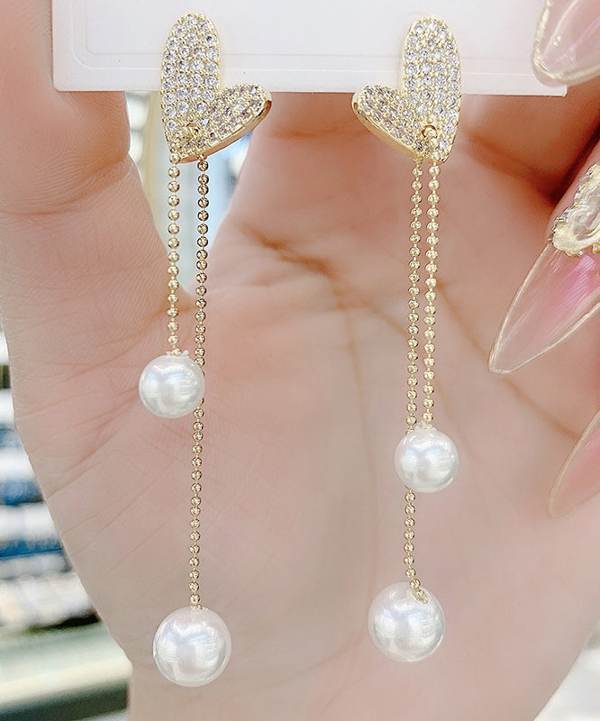 Pendientes colgantes con borlas de perlas y corazón de amor de plata de ley dorada de boutique