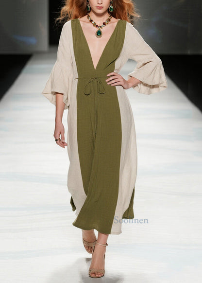 Boutique Teegrüne lange Patchwork-Baumwollkleider mit V-Ausschnitt für den Sommer