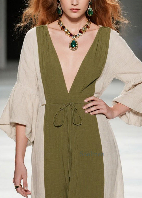 Boutique Teegrüne lange Patchwork-Baumwollkleider mit V-Ausschnitt für den Sommer