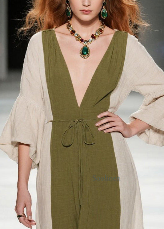 Boutique Teegrüne lange Patchwork-Baumwollkleider mit V-Ausschnitt für den Sommer