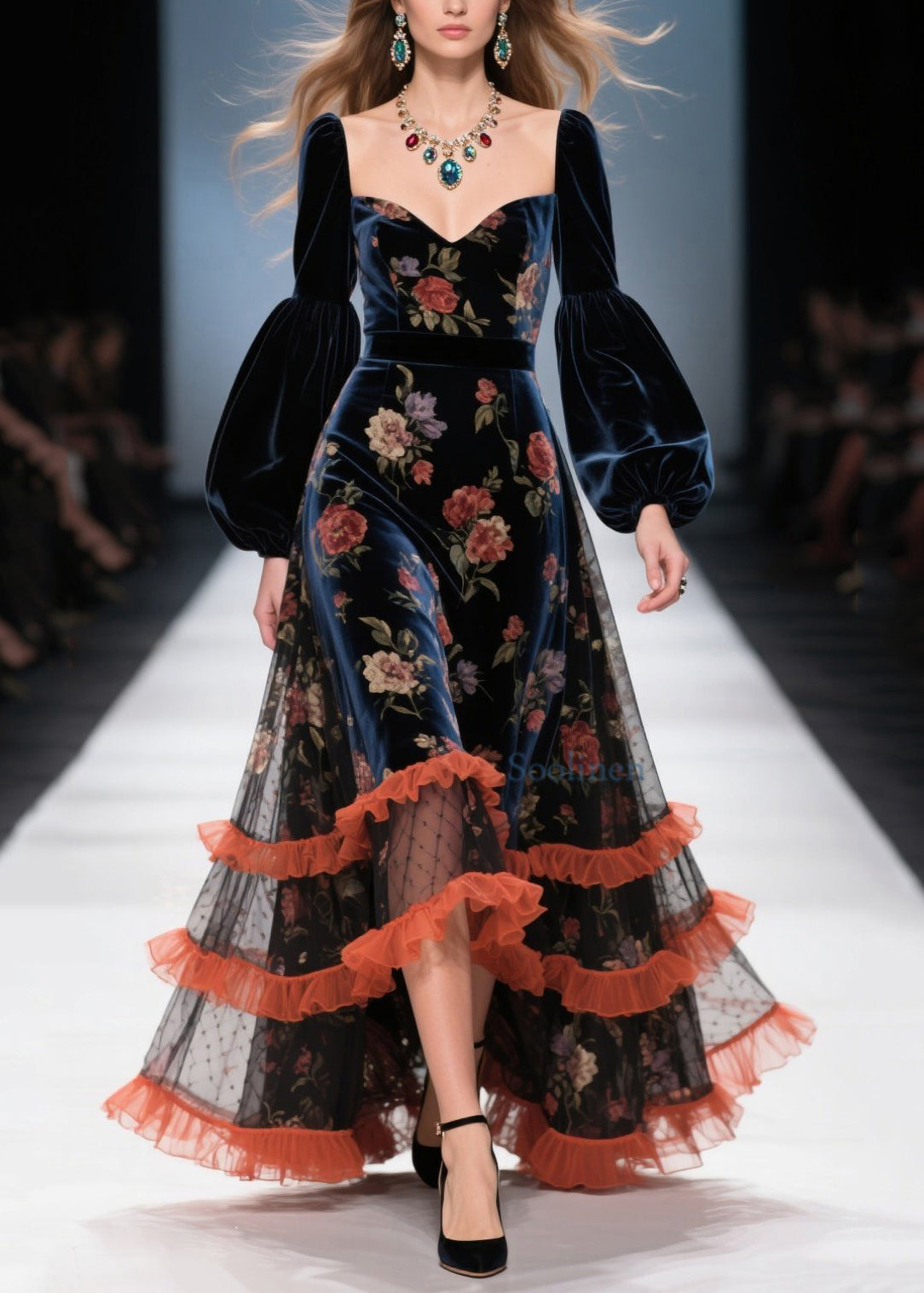 Vestido de terciopelo con patchwork y estampado de volantes de tul boutique para primavera