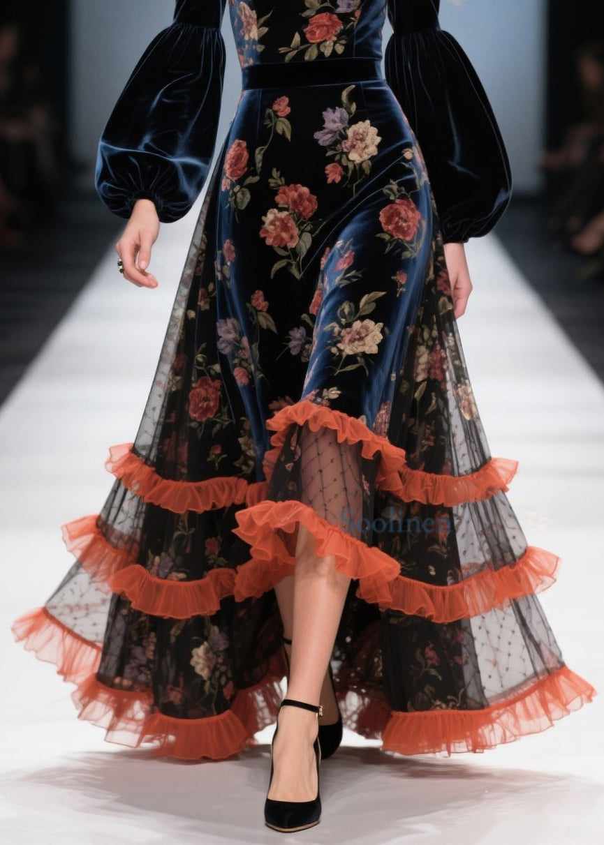 Vestido de terciopelo con patchwork y estampado de volantes de tul boutique para primavera