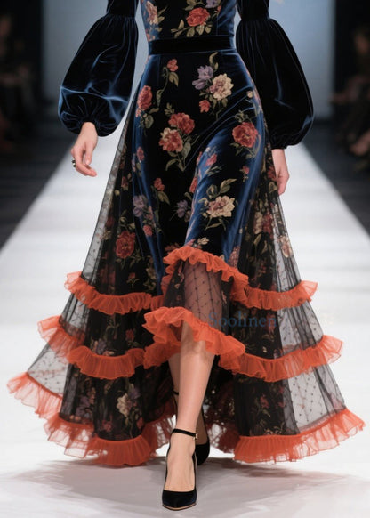 Vestido de terciopelo con patchwork y estampado de volantes de tul boutique para primavera