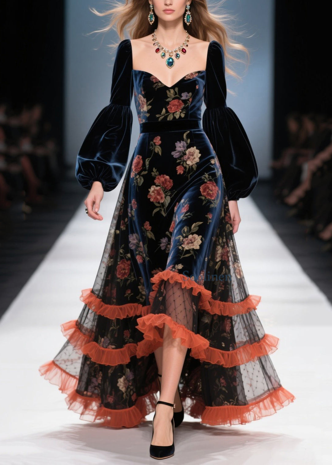 Vestido de terciopelo con patchwork y estampado de volantes de tul boutique para primavera