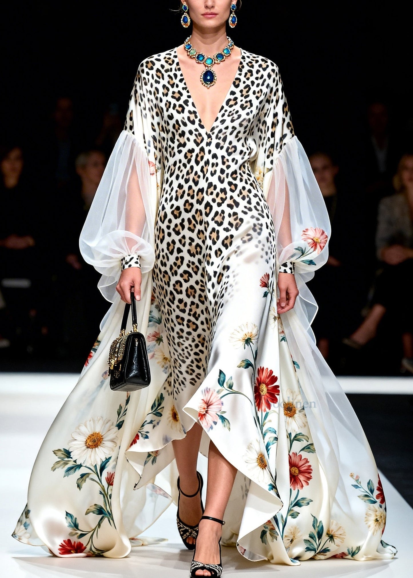 Boutique V Neck Asymmetrical Design Print Patchwork Chiffon Dresses Lantern Sleeve