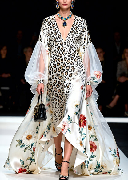 Boutique V Neck Asymmetrical Design Print Patchwork Chiffon Dresses Lantern Sleeve