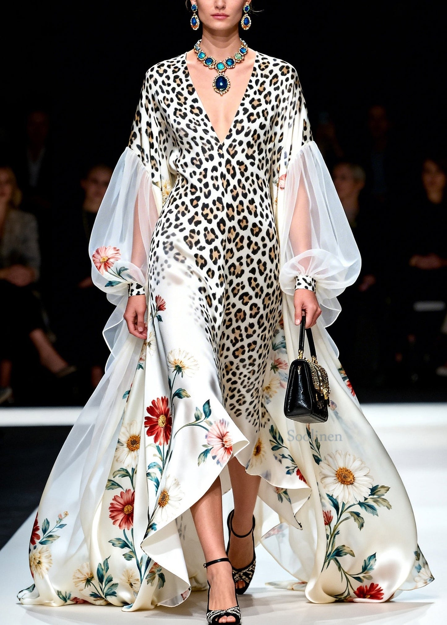 Boutique V Neck Asymmetrical Design Print Patchwork Chiffon Dresses Lantern Sleeve