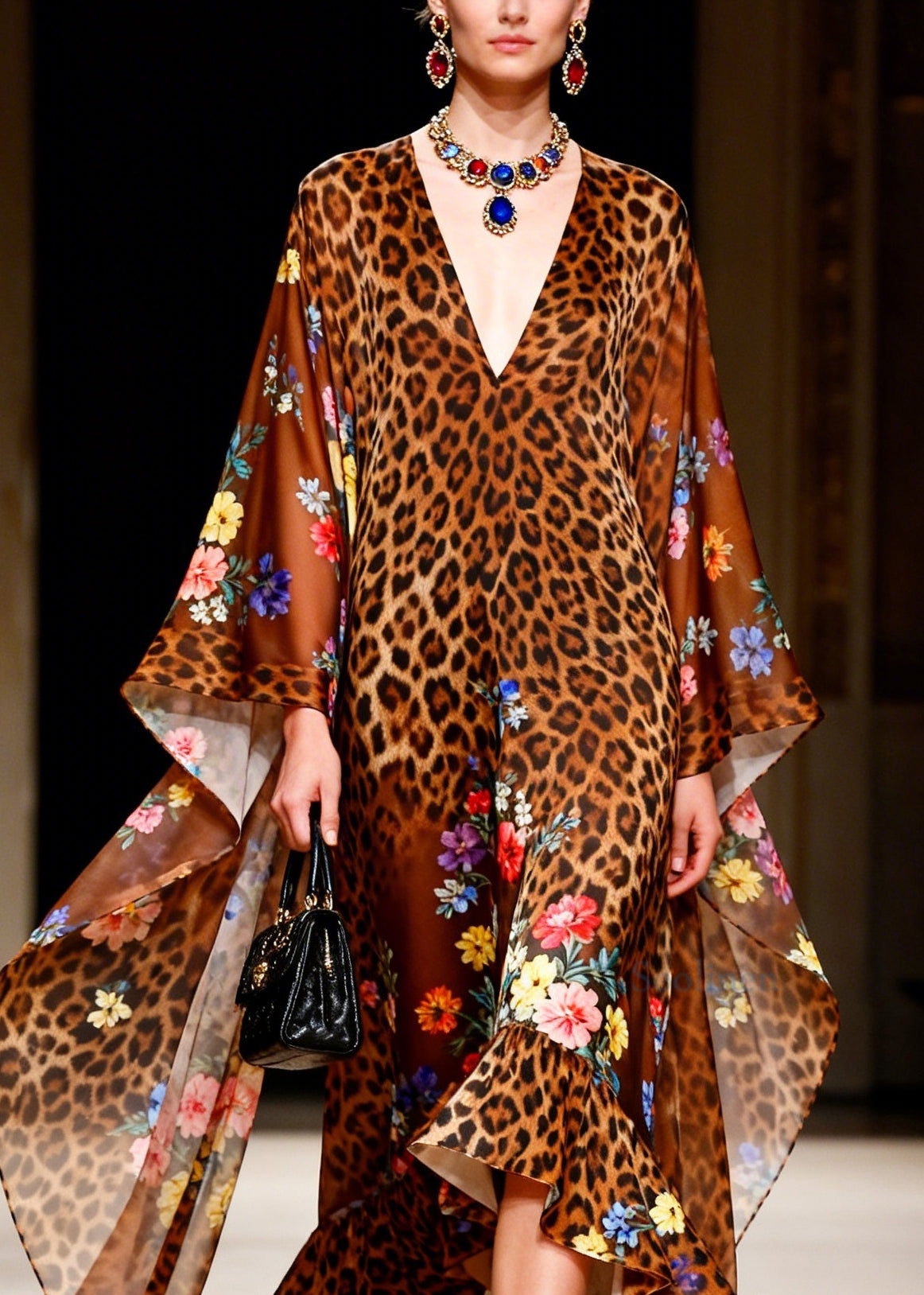 Boutique V Neck Leopard Print Ruffled Patchwork Chiffon Robe Dresses Summer