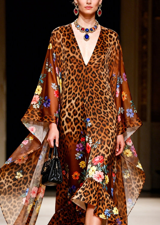 Boutique V Neck Leopard Print Ruffled Patchwork Chiffon Robe Dresses Summer
