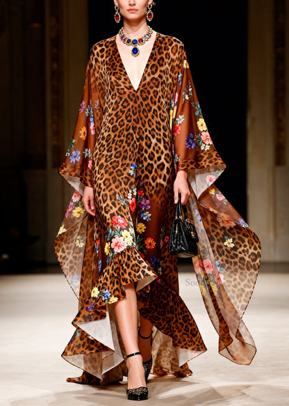 Boutique V Neck Leopard Print Ruffled Patchwork Chiffon Robe Dresses Summer