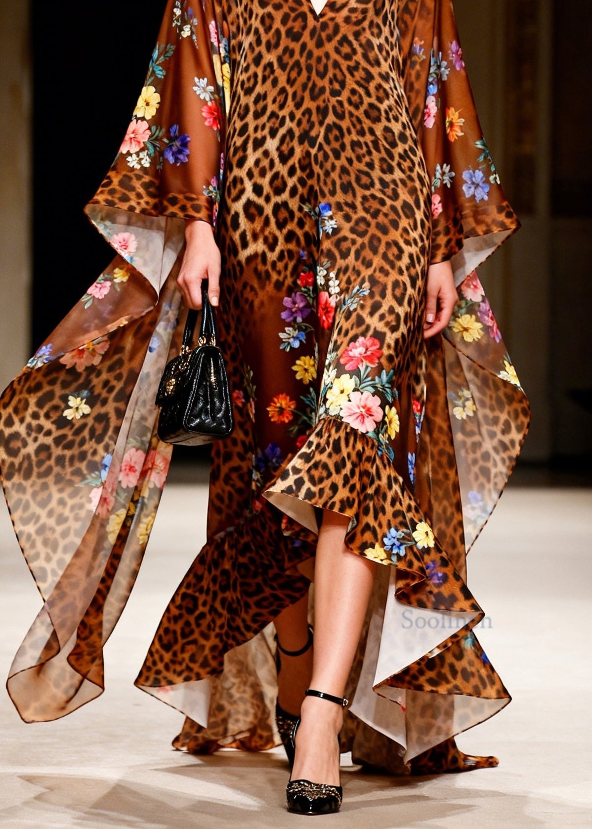Boutique V Neck Leopard Print Ruffled Patchwork Chiffon Robe Dresses Summer