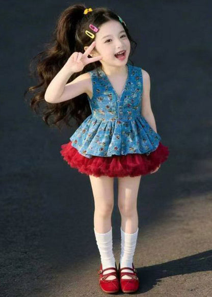 Boutique V Neck Patchwork Girls Vest And Skirts Two Pieces Set Sleeveless