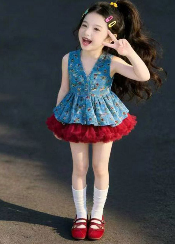 Boutique V Neck Patchwork Girls Vest And Skirts Two Pieces Set Sleeveless
