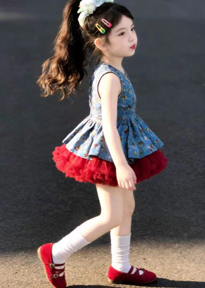 Boutique V Neck Patchwork Girls Vest And Skirts Two Pieces Set Sleeveless