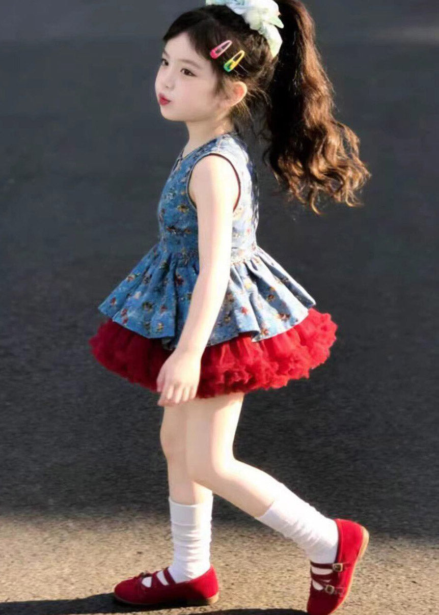 Boutique V Neck Patchwork Girls Vest And Skirts Two Pieces Set Sleeveless