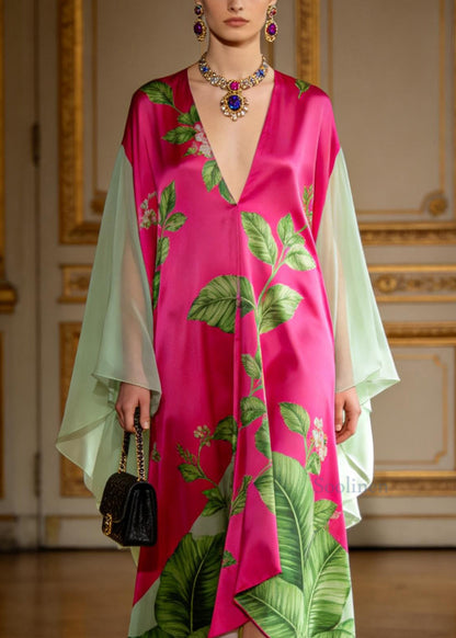 Boutique V Neck Print Patchwork Chiffon Maxi Dresses Summer