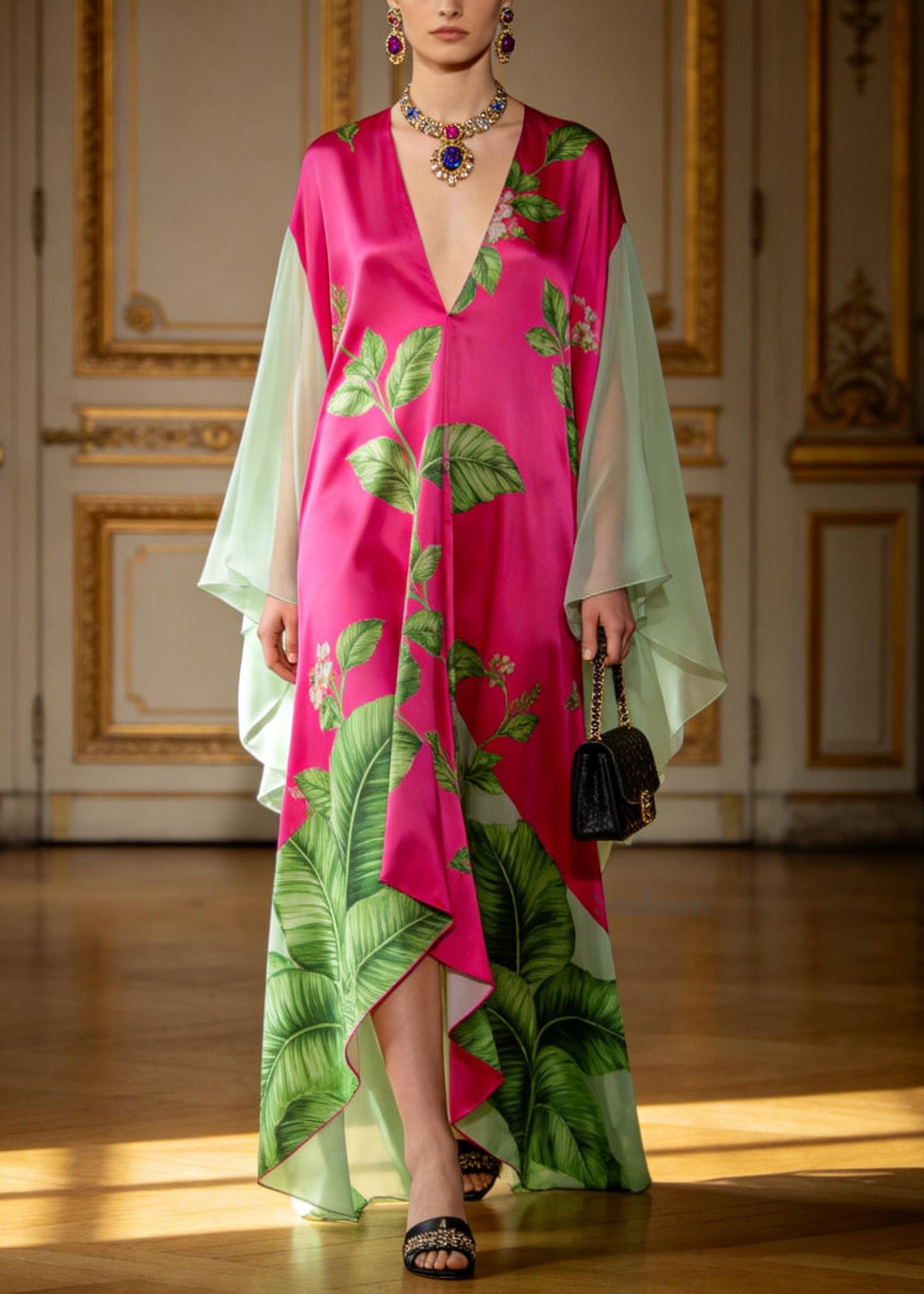 Boutique V Neck Print Patchwork Chiffon Maxi Dresses Summer