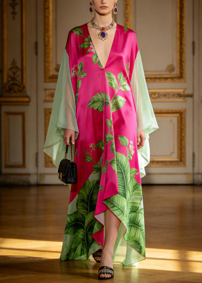 Boutique V Neck Print Patchwork Chiffon Maxi Dresses Summer