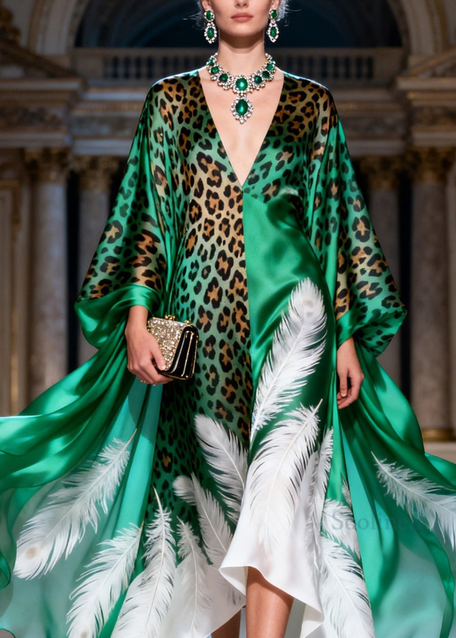 Boutique V Neck Print Patchwork Silk Long Dresses Summer