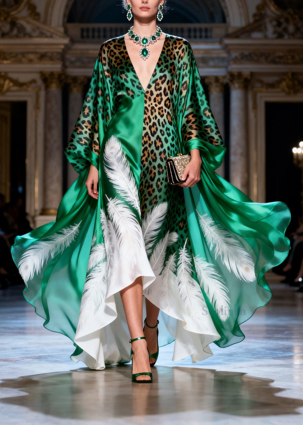 Boutique V Neck Print Patchwork Silk Long Dresses Summer