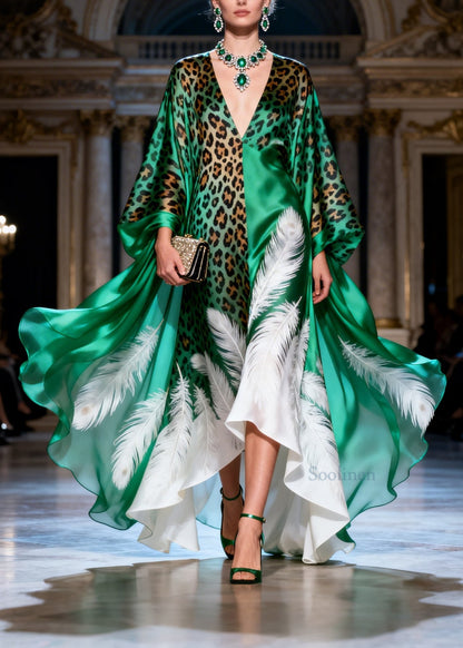 Boutique V Neck Print Patchwork Silk Long Dresses Summer