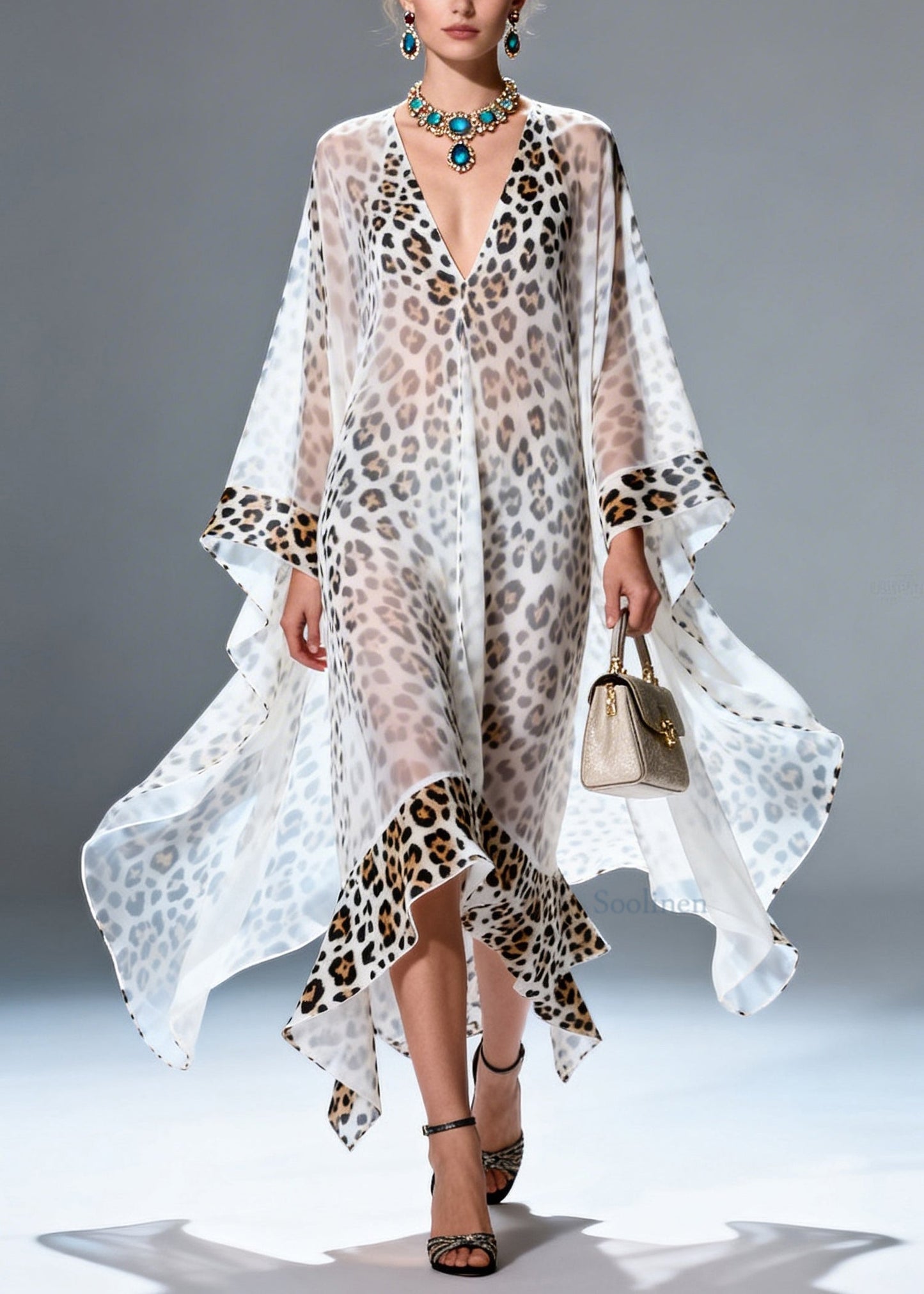 Boutique V Neck Print Ruffled Chiffon Long Dresses Summer