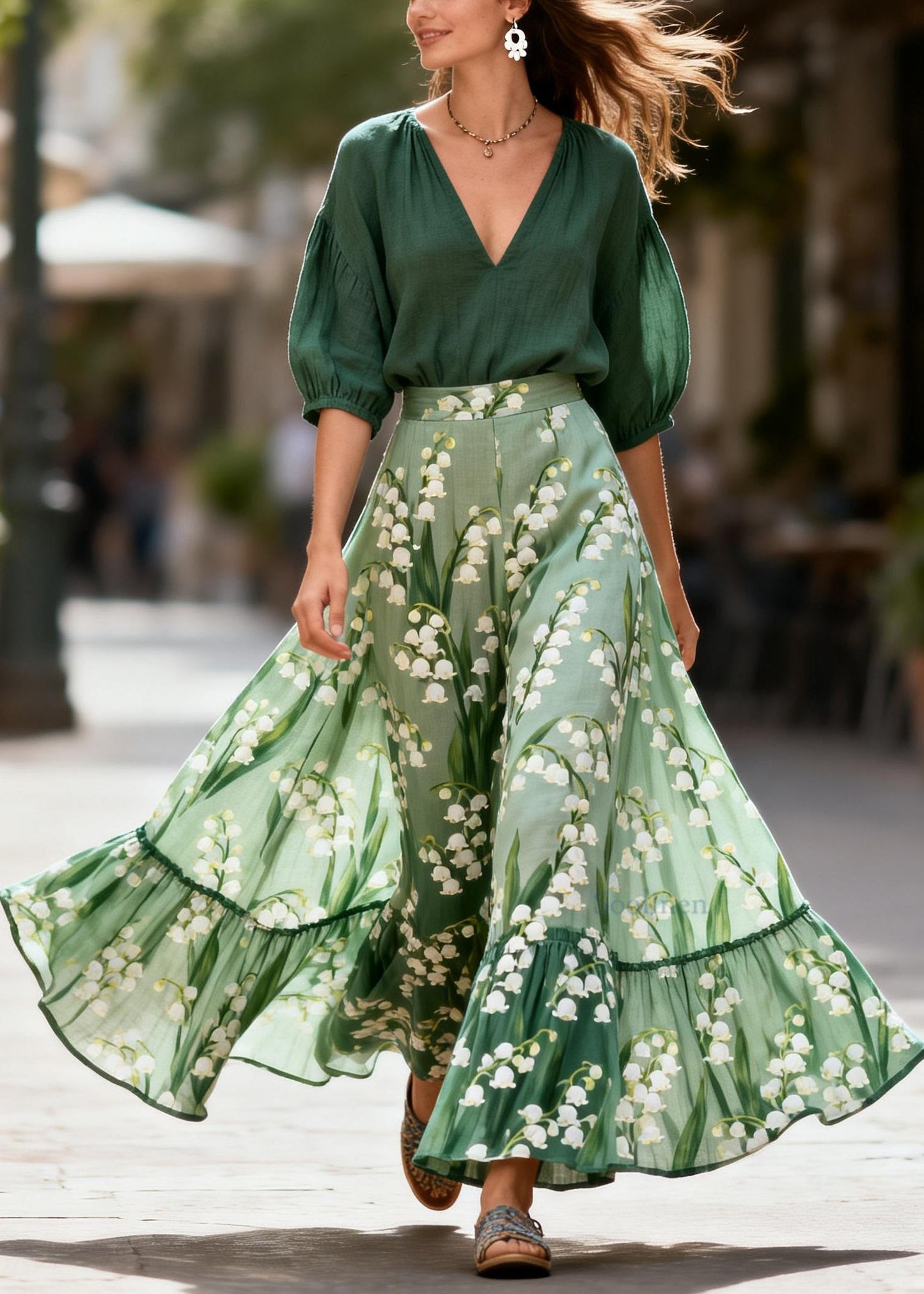 Boutique V Neck Print Top And Skirts Cotton Two Piece Set Summer
