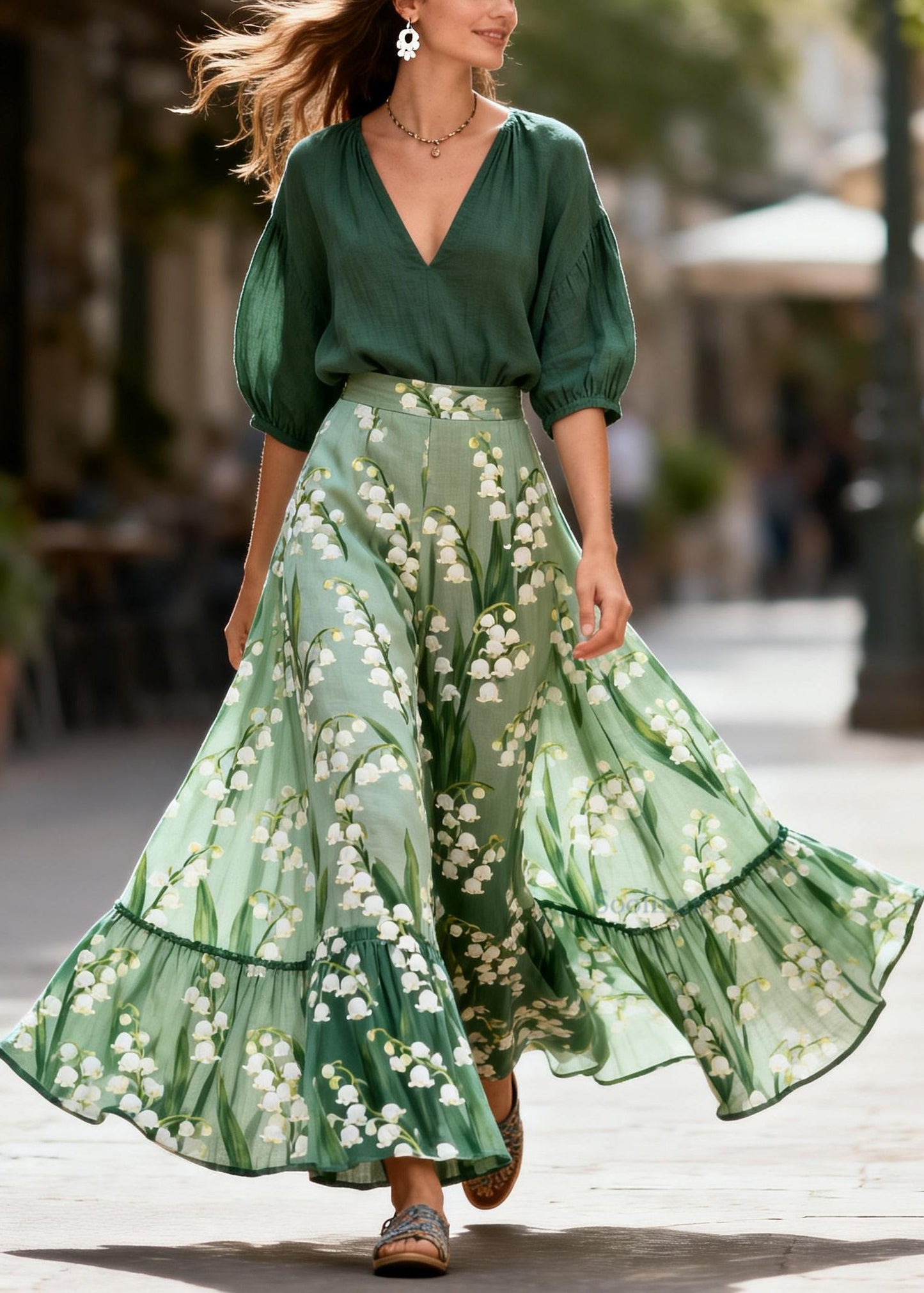 Boutique V Neck Print Top And Skirts Cotton Two Piece Set Summer