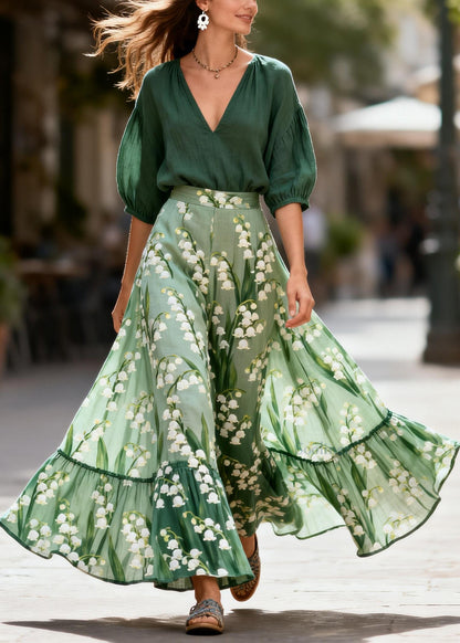 Boutique V Neck Print Top And Skirts Cotton Two Piece Set Summer