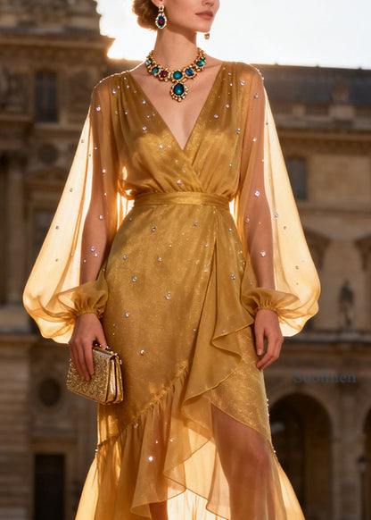 Boutique V Neck Ruffled Patchwork Chiffon Dresses Lantern Sleeve