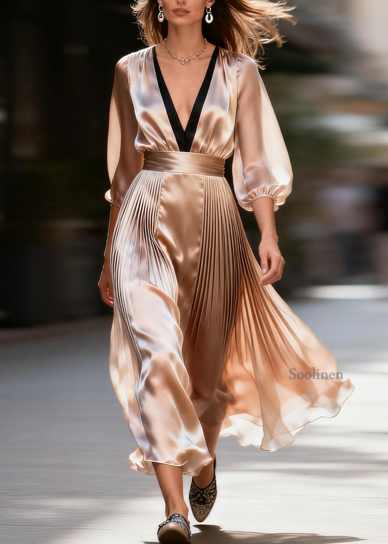 Boutique V Neck Wrinkled Patchwork Silk Maxi Dresses Summer