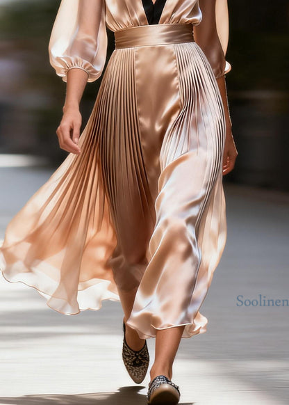 Boutique V Neck Wrinkled Patchwork Silk Maxi Dresses Summer