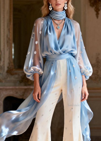 Boutique V Neck Zircon Patchwork Silk Two Pieces Set Spring