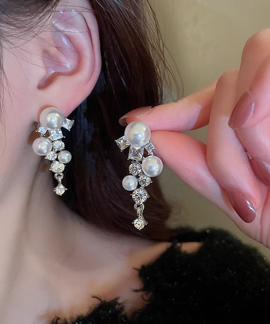 Boutique White Alloy Zircon Pearl Drop Earrings