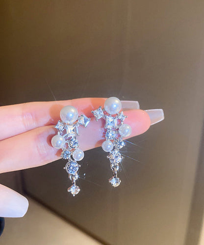 Boutique White Alloy Zircon Pearl Drop Earrings