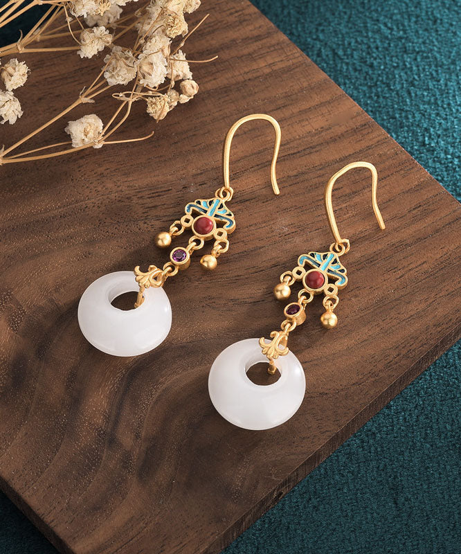 Boutique Weiß Antike Gold Emaille Cloisonné Jade Ping Schnalle Tropfen Ohrringe