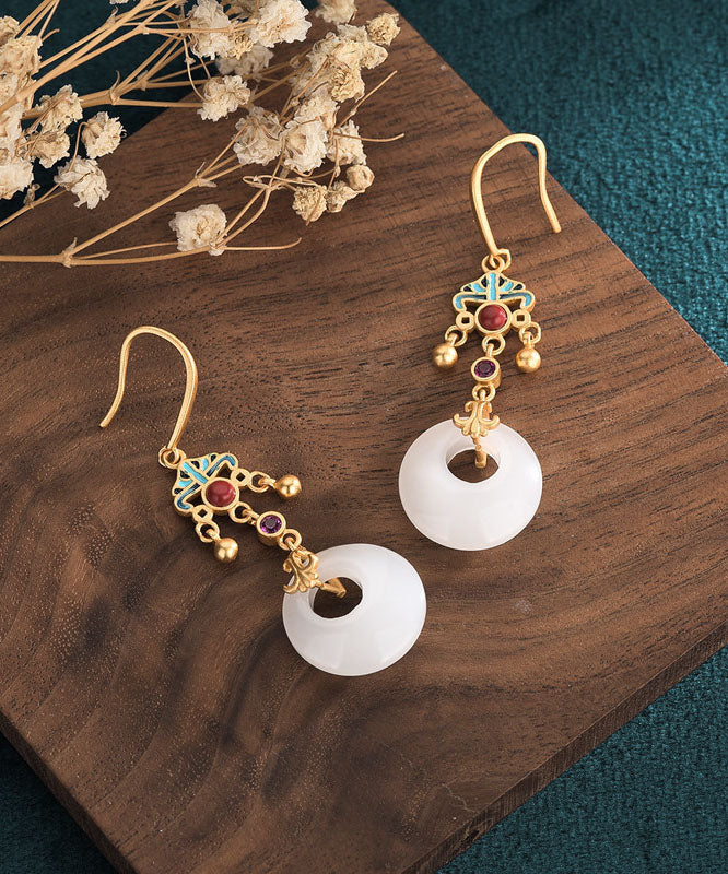 Boutique Weiß Antike Gold Emaille Cloisonné Jade Ping Schnalle Tropfen Ohrringe
