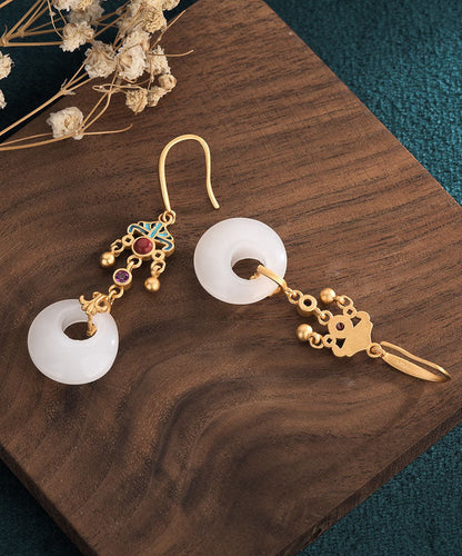 Boutique Weiß Antike Gold Emaille Cloisonné Jade Ping Schnalle Tropfen Ohrringe