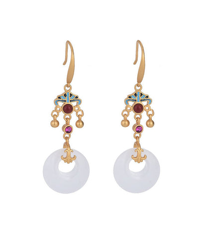 Boutique Weiß Antike Gold Emaille Cloisonné Jade Ping Schnalle Tropfen Ohrringe