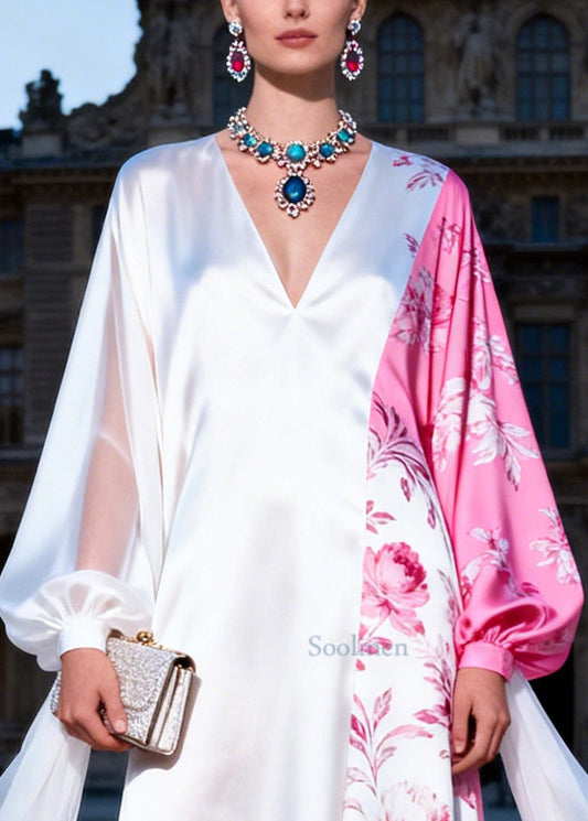 Boutique White Asymmetrical Patchwork Draping Silk Long Dress Summer