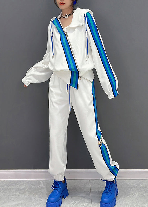 Boutique Weiß Asymmetrische Reißverschluss Gestreiften Kapuze Mäntel Und Hosen Zwei Stück Set Herbst