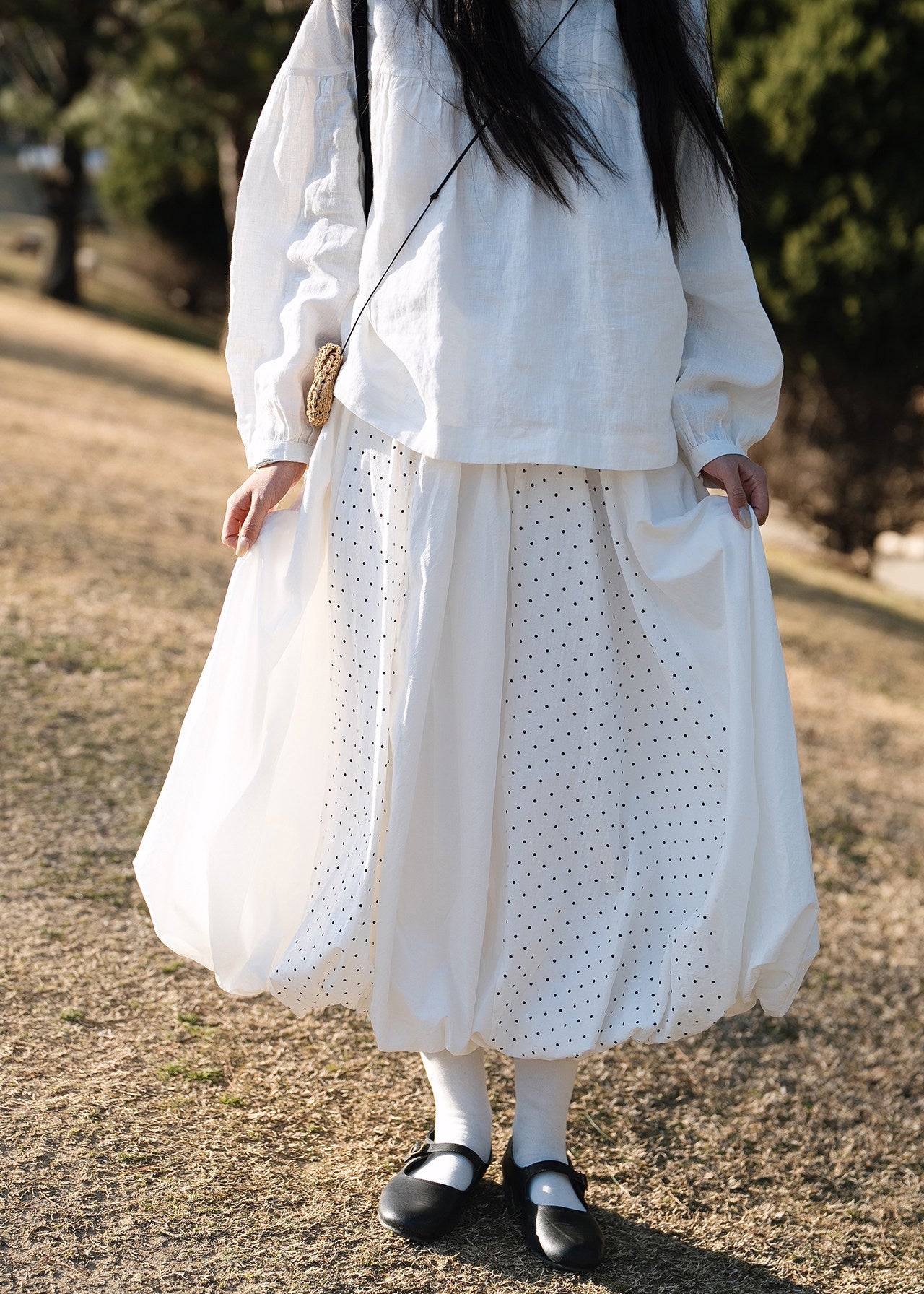 Boutique White Dot Patchwork Exra Large Hem Cotton Skirts Spring