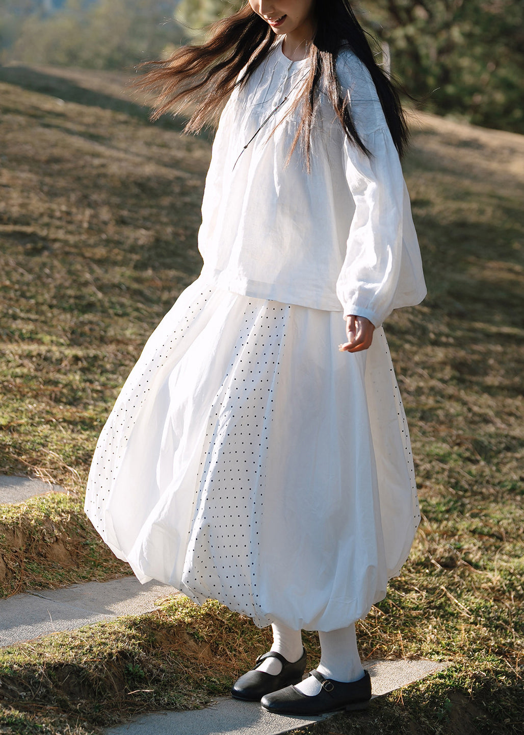Boutique White Dot Patchwork Exra Large Hem Cotton Skirts Spring