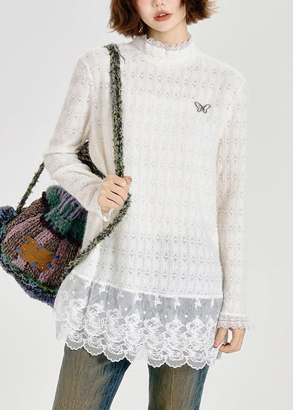 Boutique White Hign Neck Patchwork Lace Top Spring