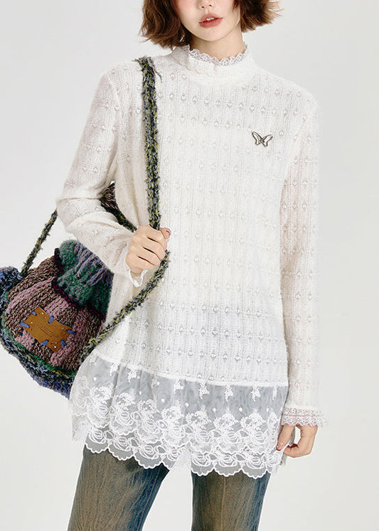 Boutique White Hign Neck Patchwork Lace Top Spring