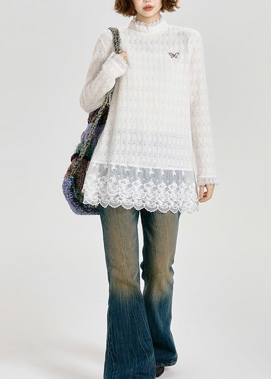 Boutique White Hign Neck Patchwork Lace Top Spring